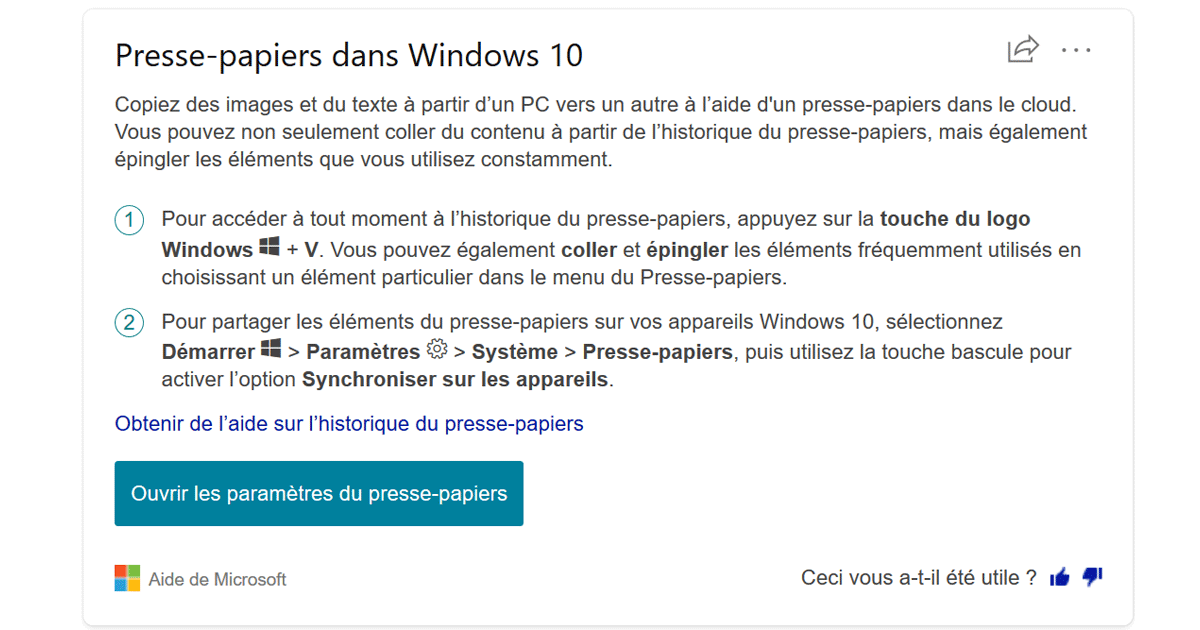 raccourci Windows 10 pour afficher historique du presse-papier